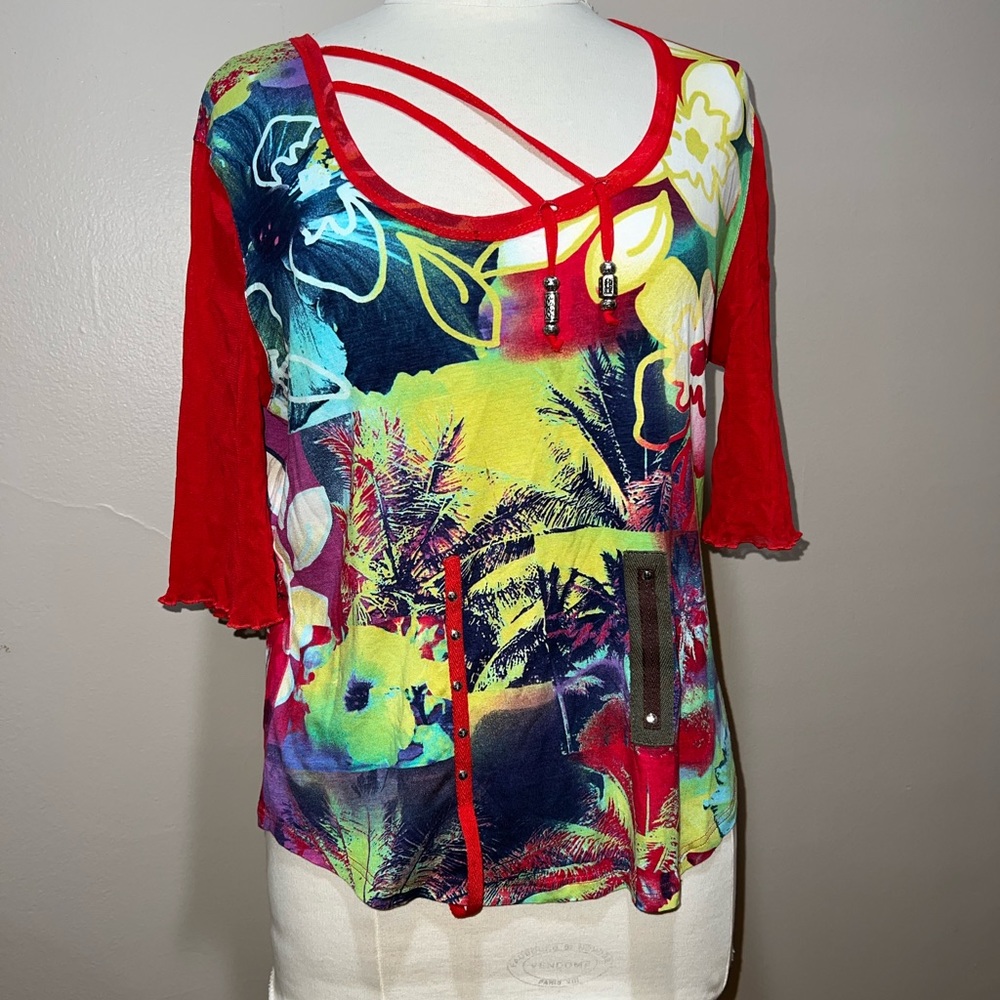 Multicolor cotton blend sheer sleeves casual blouse top size large
